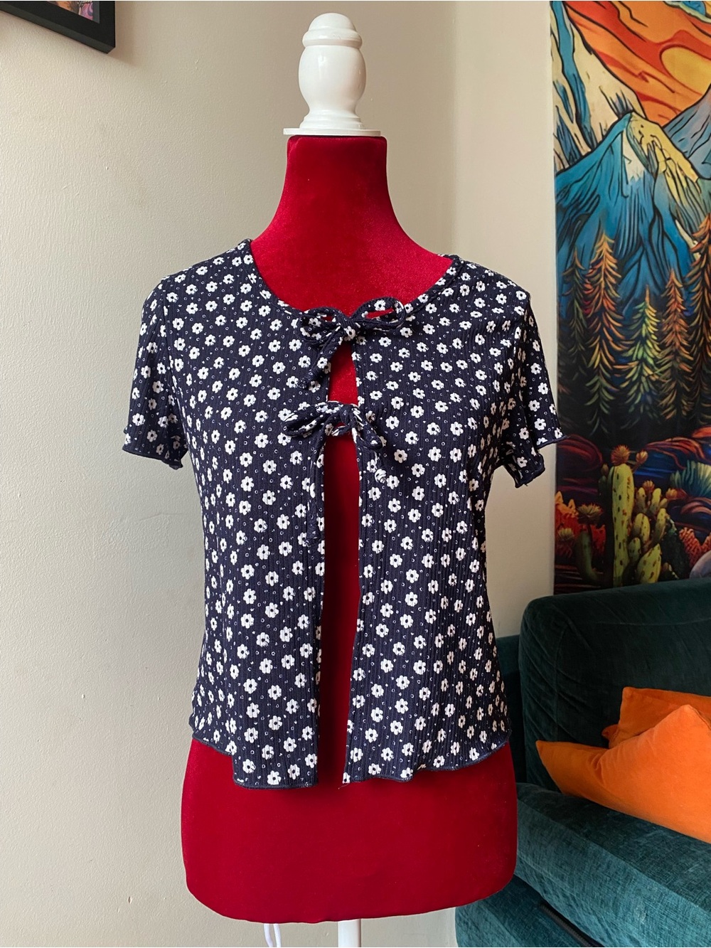 Pinc Navy and White Floral Tie-Front Crop Cardigan Blouse